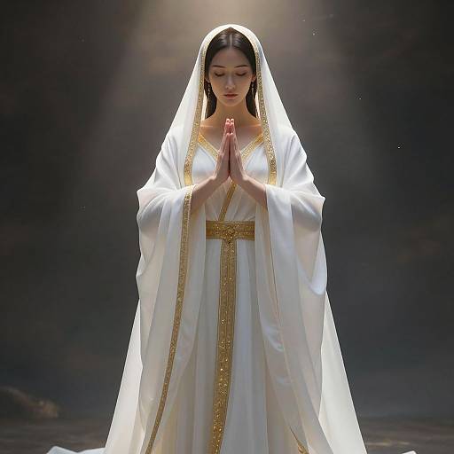 Photograph of a serene Asian woman in a white, gold-embroidered robe and veil, standing with hands in prayer, illuminated by soft light