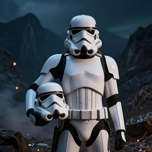 Photorealistic CGI of two white Stormtroopers in black armor, holding blasters, standing in a dark, mountainous, smoky landscape at