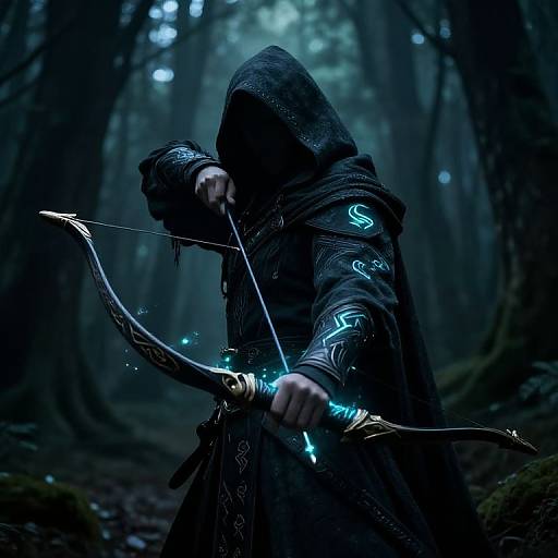 Mysterious archer in dark, glowing forest, hooded cloak, intricate armor, drawing glowing blue-tipped arrow, dimly lit, ethereal