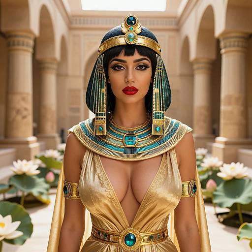 Digital artwork of an Egyptian queen with dark blue bob, gold headdress, and revealing gold dress, adorned with turquoise jewels, standing in a sunlit