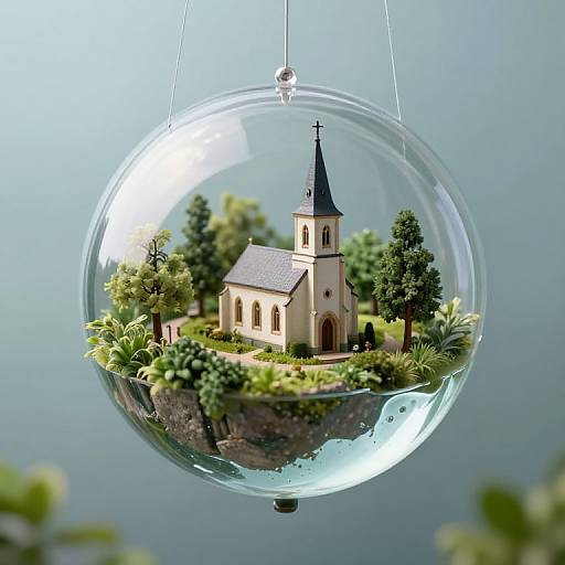 Photograph of a miniature church with a black steeple, surrounded by green trees and bushes, encased in a clear glass orb, hanging against