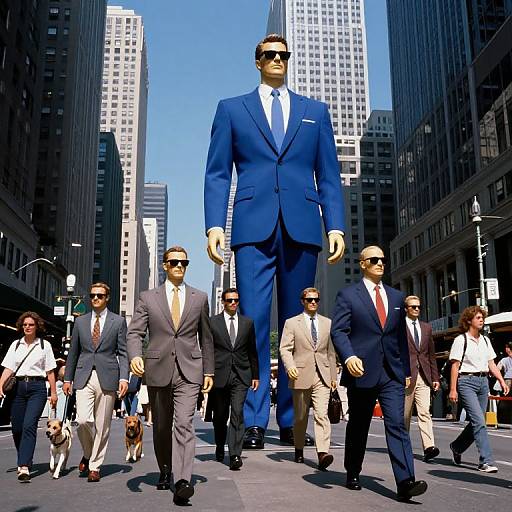 Photograph: Giant blue-suited man with sunglasses walking through city street, surrounded by smaller, similarly dressed businesspeople in suits and sunglasses. Tall skys