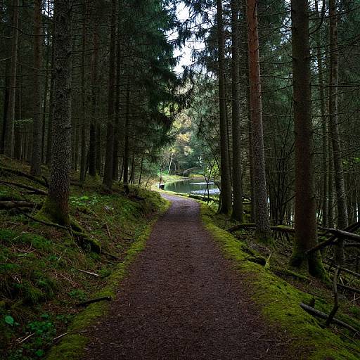 Photograph of a moss-covered forest path winding through tall, dense trees with dappled sunlight filtering through the canopy.
