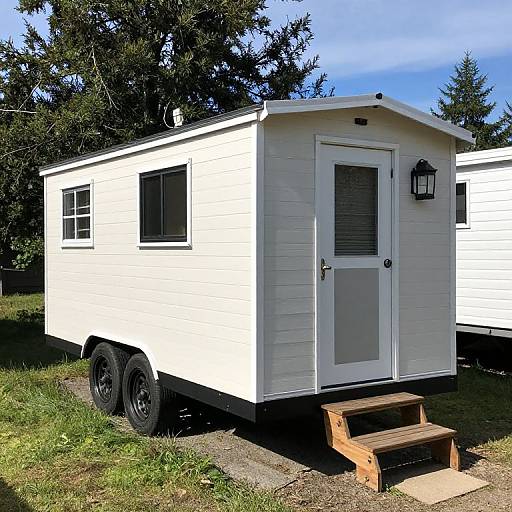 Photograph of a white, rectangular travel trailer with black wheels, white door, black window frames, wooden steps, and a black lantern, set on