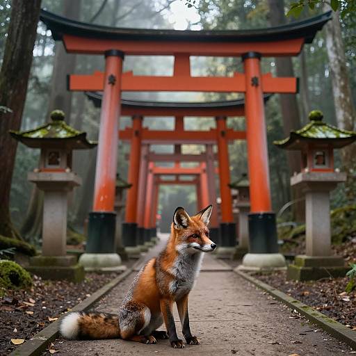 Misty Forest with Fox and Torii Gates