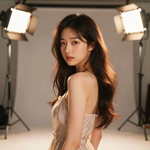 Photograph of an Asian woman with long, wavy brown hair, wearing a beige, lace-trimmed dress, standing in front of two bright