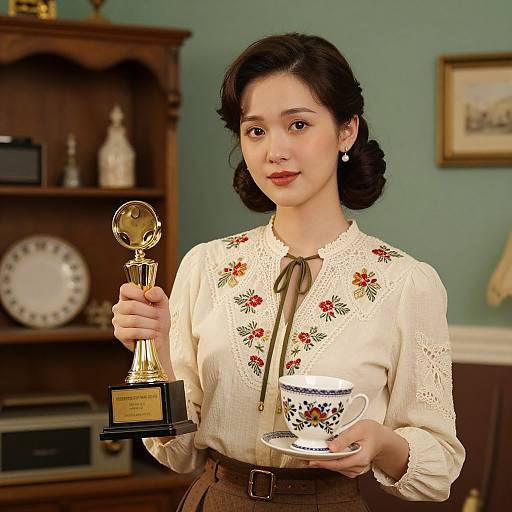 Vintage Woman with Trophies and Retro Decor