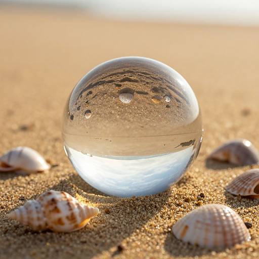 Photograph of a clear, spherical glass ball with air bubbles, resting on golden sand with scattered seashells, sunlight in background.