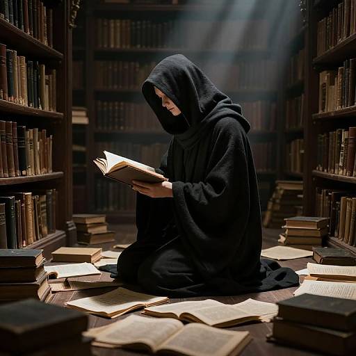Photograph of a hooded figure in black robe, kneeling amidst scattered books in dimly lit library, reading an open book. Sunlight beams down