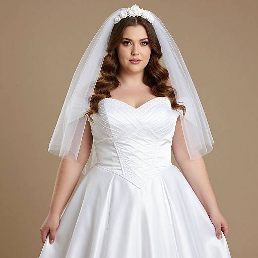 Photograph of a fair-skinned, brown-haired woman in a white, strapless, lace-embellished wedding dress and veil, standing against