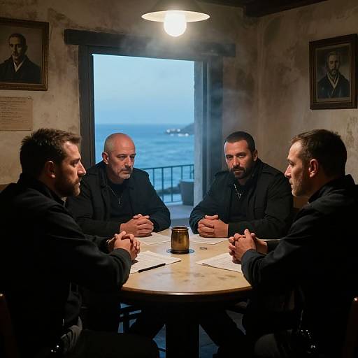 Photograph of four serious men in black jackets, seated around a wooden table in a dimly lit coastal café, hands clasped, overlooking the sea