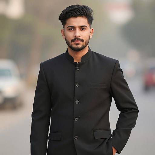 Photograph of a young, handsome South Asian man with short black hair and beard, wearing a black button-up jacket, standing on a blurry urban street