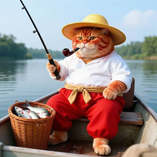 Photorealistic digital art of an orange tabby cat wearing a straw hat, white shirt, red pants, fishing in a boat, holding a rod