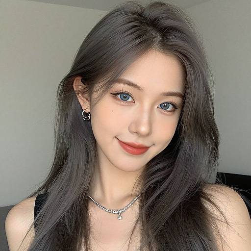 Photograph of a young Asian woman with long black hair, blue eyes, light skin, wearing a black top, silver necklace, and hoop earrings,
