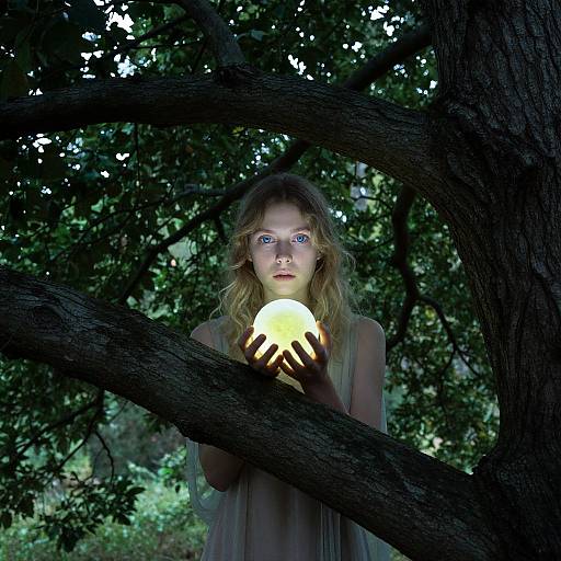 Photograph of a young woman with blue eyes and wavy blonde hair, holding a glowing orb in a dark, leafy forest, standing behind thick