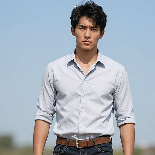 Photograph of an Asian man with short black hair, wearing a white button-up shirt and brown belt, standing against a clear blue sky background.