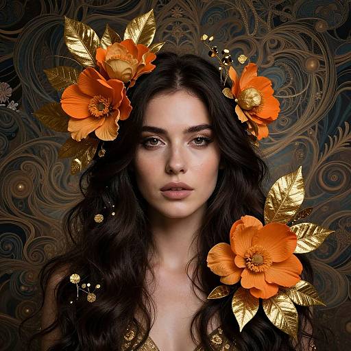 Photograph of a pale-skinned woman with long, wavy black hair adorned with large, vibrant orange flowers and gold leaves, set against an orn