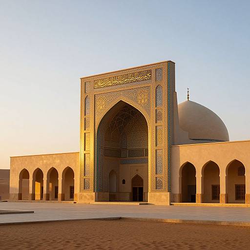Photograph of a sunlit Islamic mosque with intricate blue and gold geometric patterns on the central archway, a large dome, and arched walkways
