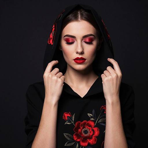 Dramatic Hooded Portrait with Red Embroidery