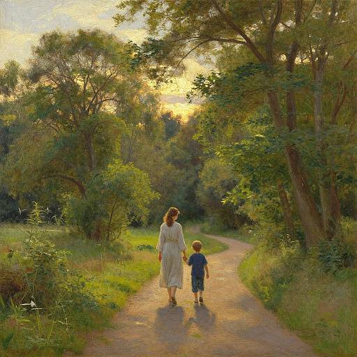 Photograph of a woman in a white dress and a young boy in blue walking on a sunlit forest path, surrounded by tall trees and greenery