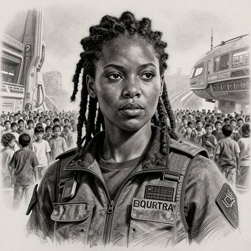 Black-and-white digital drawing of a serious Black woman with dreadlocks, wearing a military uniform labeled 