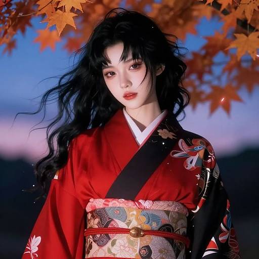 Digital artwork of an Asian woman with long black hair, red kimono, floral obi, standing against a sunset sky with orange autumn leaves.