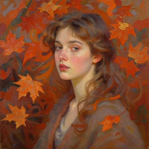Digital painting of a young woman with wavy brown hair and fair skin, surrounded by vibrant orange and red autumn leaves. She gazes softly with pink
