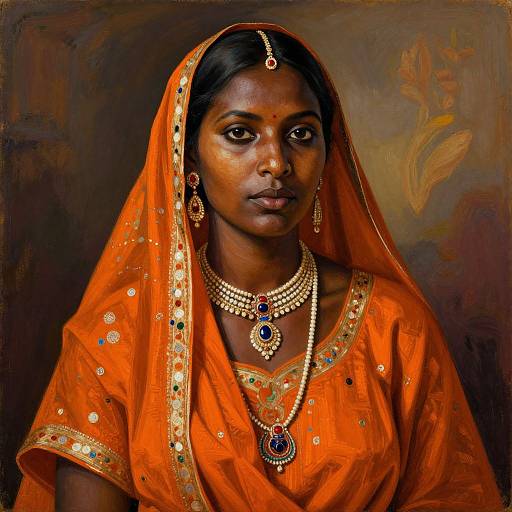 Photorealistic portrait of a dark-skinned Indian woman in an orange saree with gold and jewel-encrusted jewelry, wearing a red bind