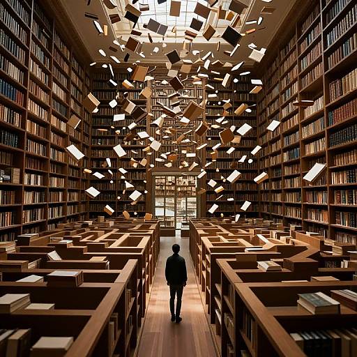 Photograph of a grand library with floating books, a lone silhouette standing at the center, surrounded by wooden bookshelves. Warm, ambient lighting highlights