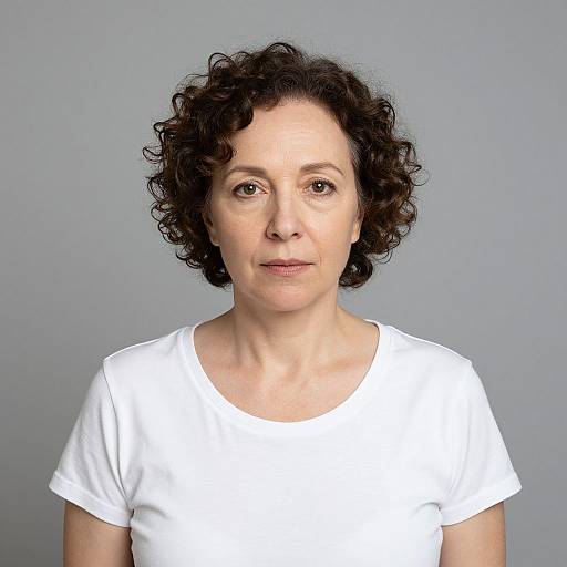Photograph of a middle-aged woman with short, curly black hair, fair skin, wearing a plain white t-shirt, against a gray background.