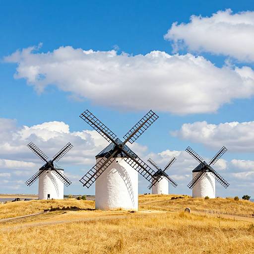 Traditional White Windmills in Golden Field