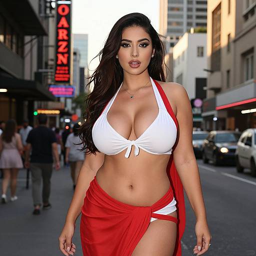 Photograph of a curvy woman with long black hair, large breasts in a white halter top, and red skirt, walking confidently on a busy
