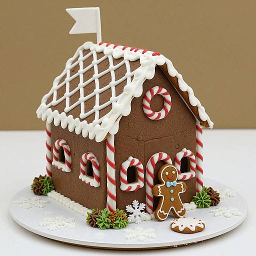 Photograph of a chocolate gingerbread house with white icing, red-and-white candy cane decorations, gingerbread man, and small green and white accents.