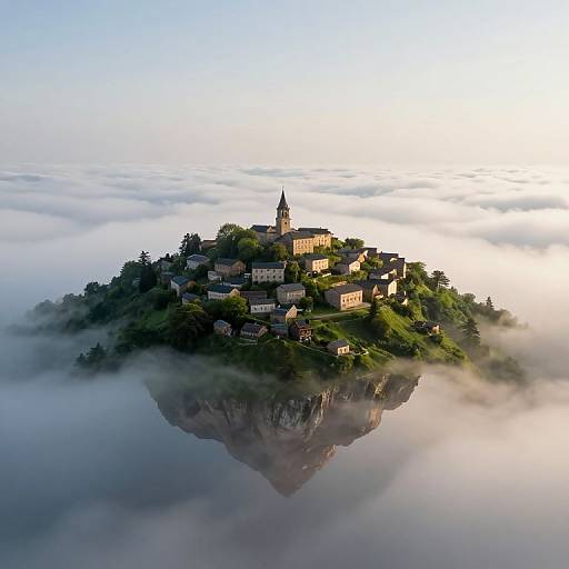 Photograph of a picturesque, fog-covered island with a church at the peak, surrounded by mist, reflecting in the calm water below.