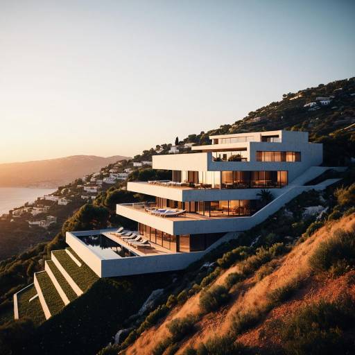 Modern Mediterranean hillside villa at sunset