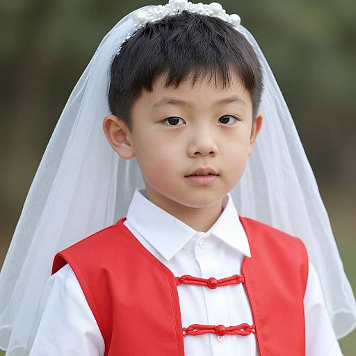 Photograph of an Asian boy wearing a white veil, red vest, and white shirt with red ribbon, standing outdoors.