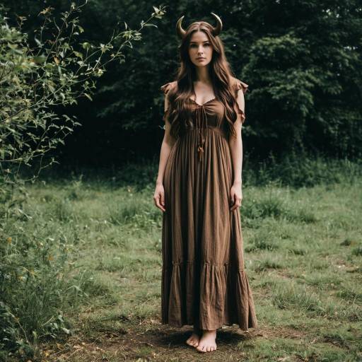 Woman in Rustic Dress with Horns Outdoors