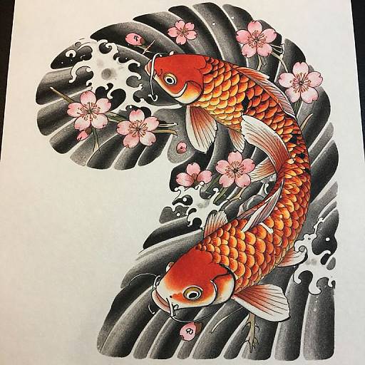 Vibrant red and gold koi fish with detailed scales, surrounded by pink cherry blossoms and black wave patterns in traditional Japanese tattoo style.