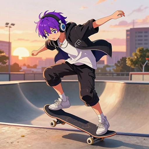 Digital anime-style illustration of a purple-haired boy in headphones, black jacket, white shirt, black pants, and white sneakers, skateboarding in a sunset