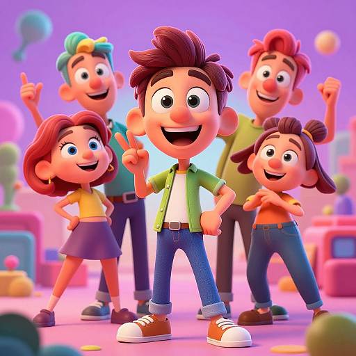 Digital cartoon image of five cheerful, animated children standing in a colorful, playful room, making peace signs and smiling, with vibrant, neon background.