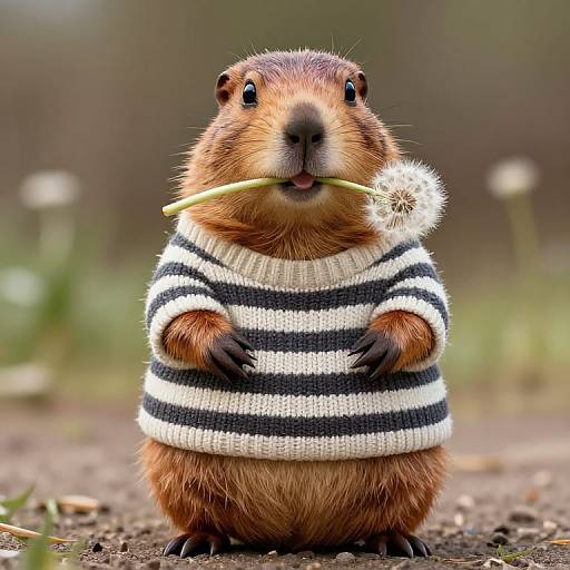 Groundhog in Striped Sweater Holding Dandelion