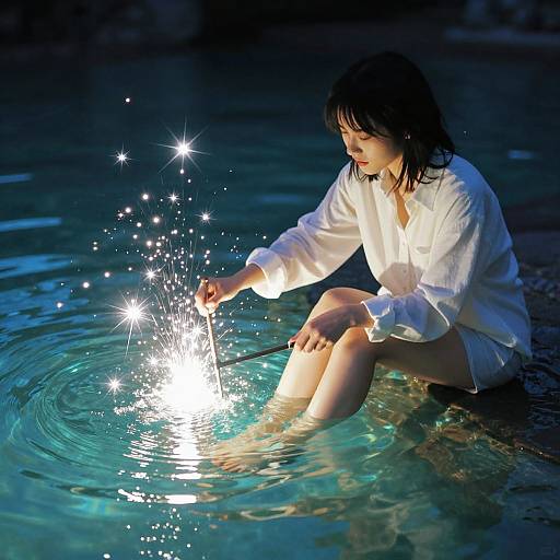 Photograph of a young woman with wet black hair, wearing a white shirt, sitting in dark, glowing water, sparking a bright light with her hand