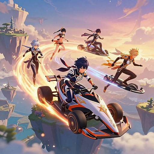 Dynamic anime-style illustration of five characters in futuristic racing suits, flying on high-speed hovercars, surrounded by floating islands and a sunset sky. Bright,