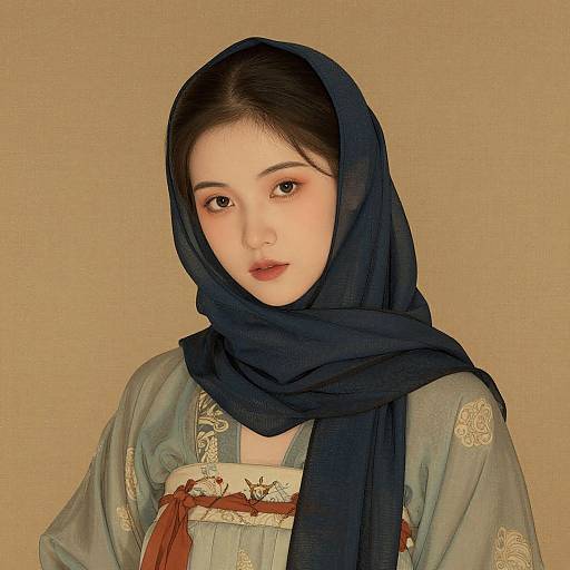 Digital portrait of an East Asian woman with fair skin, dark hair, and brown eyes, wearing a blue headscarf and traditional green blouse with floral