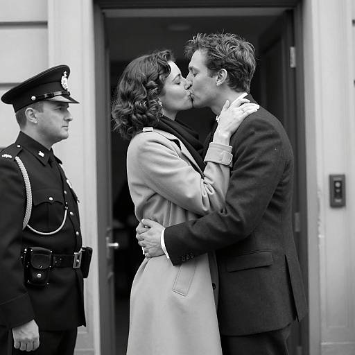 Black-and-White Couple Kissing at Doorway