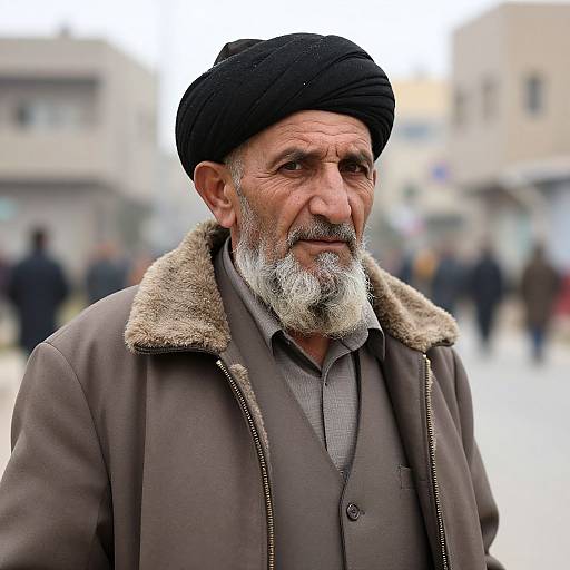 Photograph of an elderly man with a gray beard, black turban, brown coat with fur collar, gray shirt, standing in a blurred urban street
