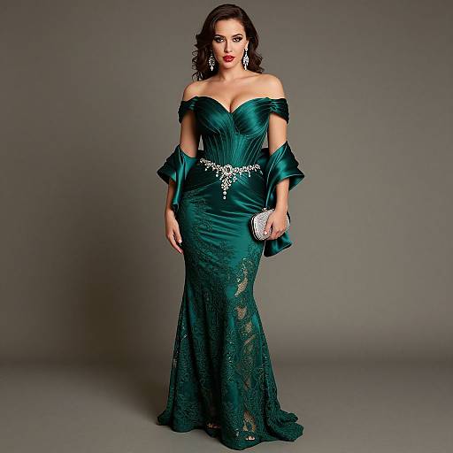 Photograph of a dark-haired woman in an off-shoulder, dark green, lace-embellished evening gown, holding a silver clutch,