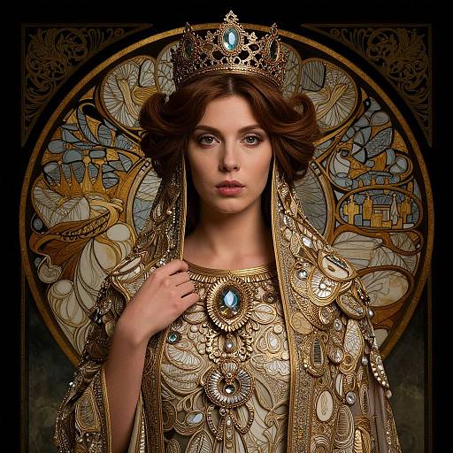 Digital artwork of a regal woman with fair skin, brown wavy hair, wearing an ornate gold and jewel-encrusted robe and crown