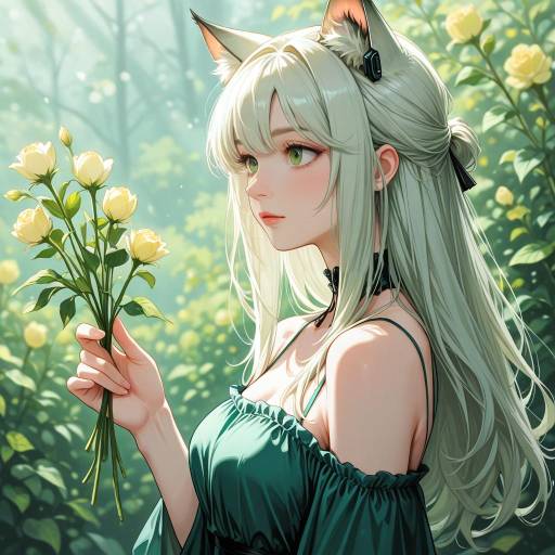 Charming Girl with Cat Ears in Green Dress