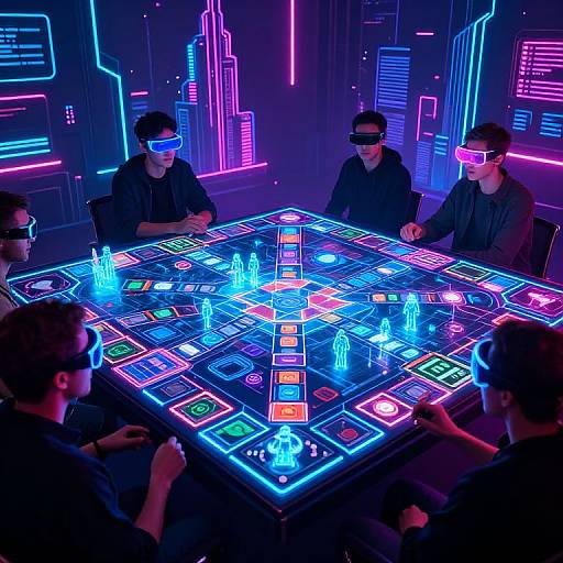 Neon-lit futuristic poker game: five men in VR headsets, illuminated table with glowing cards and chips, neon cityscape background. Photoreal